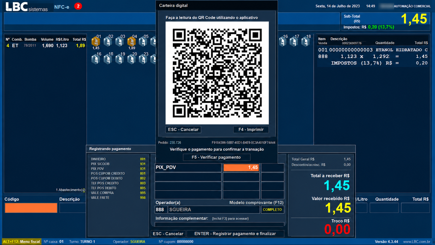 Tela do LBC PDV com QR Code PIX